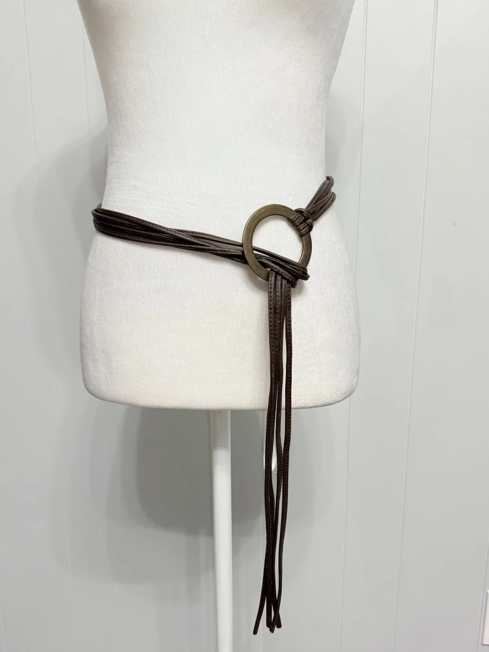 Brown Leather Wrap Belt with Antique Brass Ring